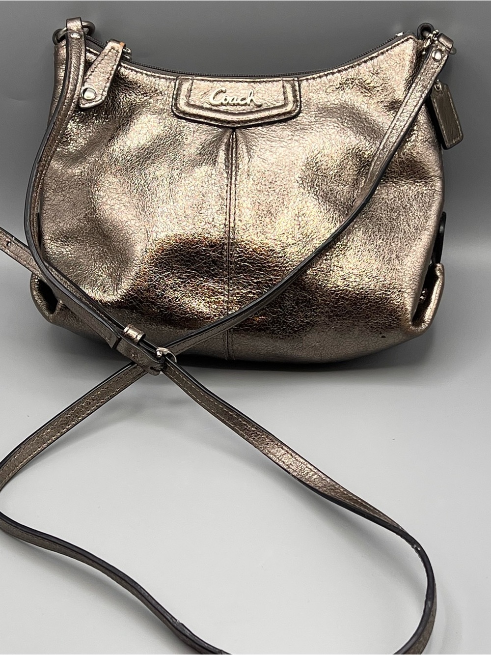 Coach Ashley silver metallic leather crossbody swingpack bag